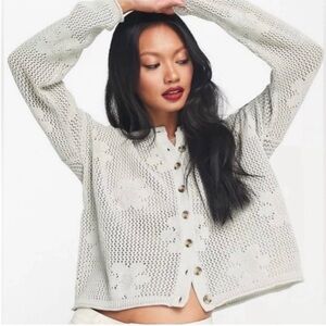 Madewell Floral Open Stitch Cardigan Sweater in Light Green Sz S